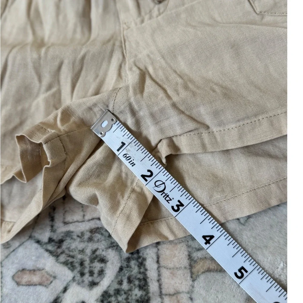 LAGACI Tan Smocked Waist Linen Blend Cargo Shorts Khaki Drawstring Casual Womens